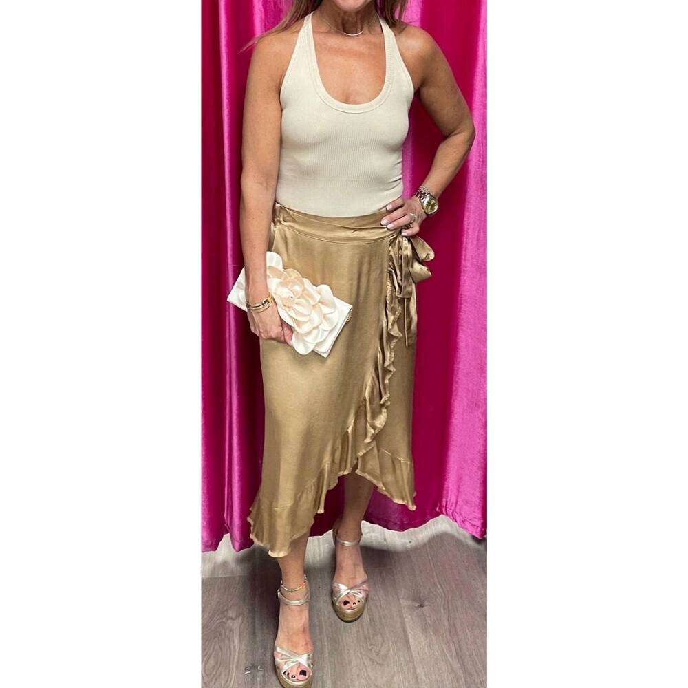 NEW DIXIE camilla satin ruffle midi skirt in latte